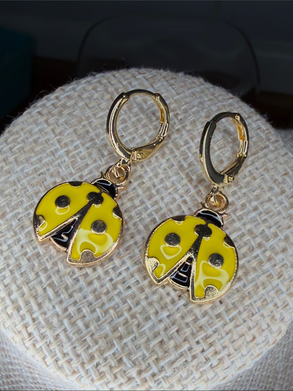 Yellow Ladybug Dangle Hoop Earrings